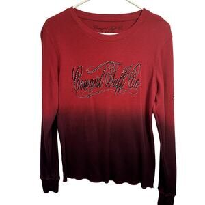 Cowgirl Tuff Co. Thermal Waffle Knit Tee SZ L Red Rhinestone Bling Cowgirl Rodeo